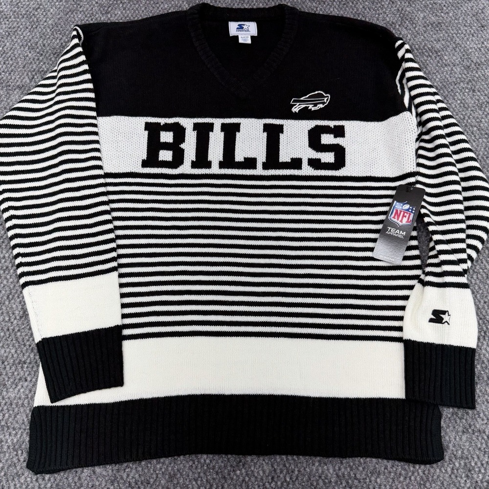 Buffalo Bills Women's Small STARTER Black Striped V-Neck Knit Sweater - New